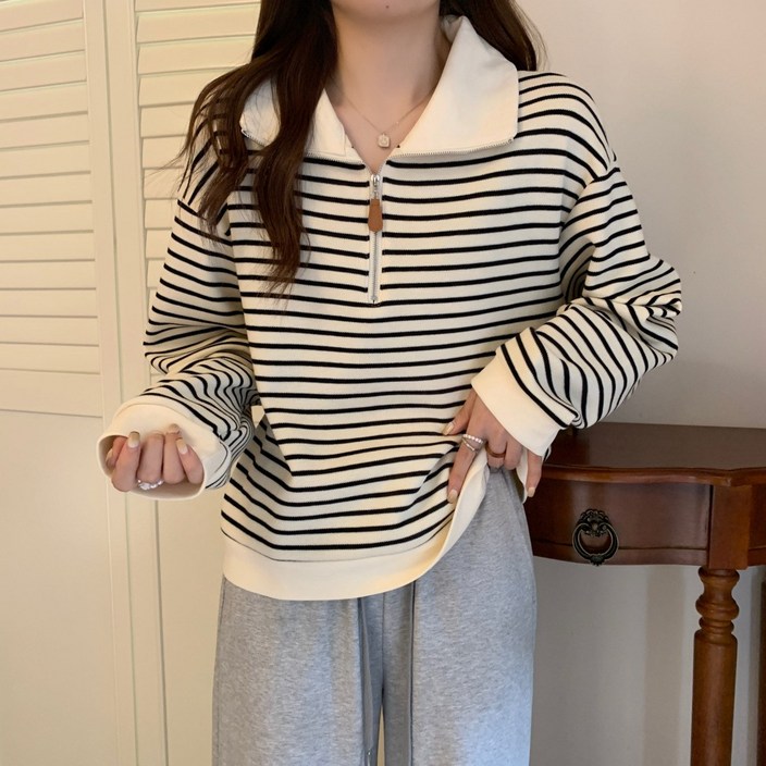 SAHINER 기모 반집업 스트라이프 니트 루즈핏 데일리 캐주얼 WY02