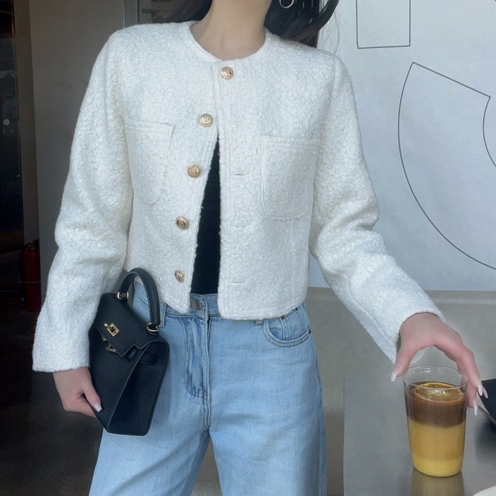 봄 가을 노카라 골드버튼 하개룩 트위드 크롭자켓