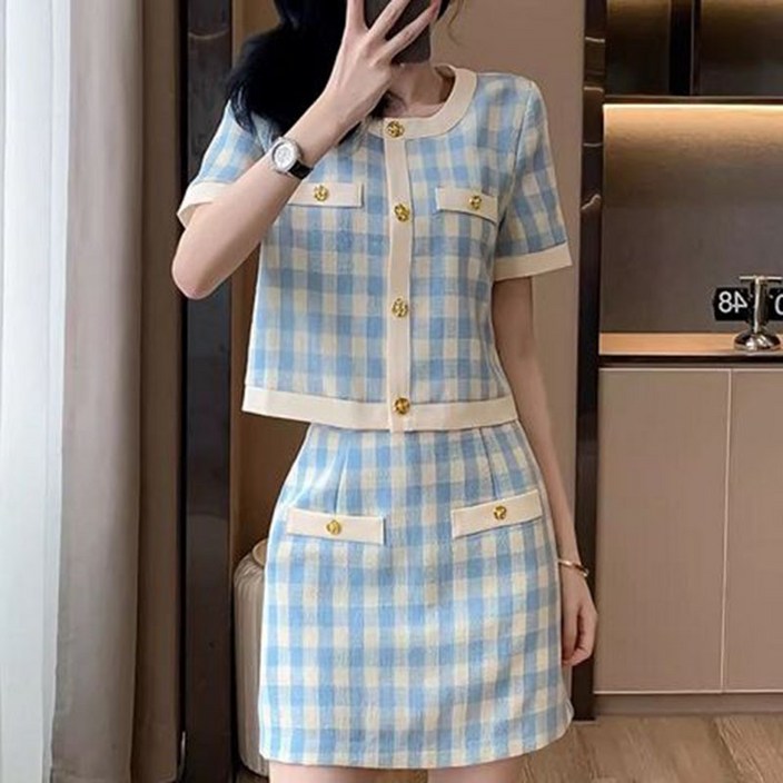 여성 여름 하객룩 투피스 패션 트위드 세트 체크 반팔 정장 코트 상의 캐주얼 슬림핏 미니 스커트 WMY