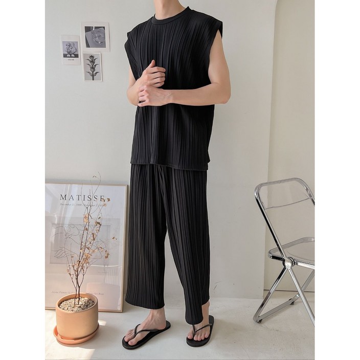 르위 남자 아이스 플리츠 주름 나시 상하의 세트