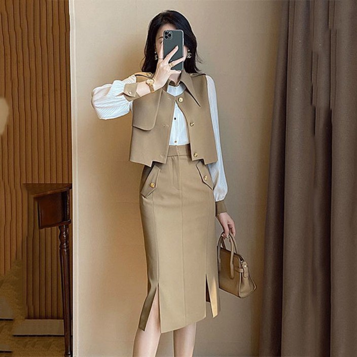 여성 오피스룩 정장 조끼 셔츠 롱 스커트 상하 3종세트 면접 정장세트 베스트 + 남방 + 롱치마