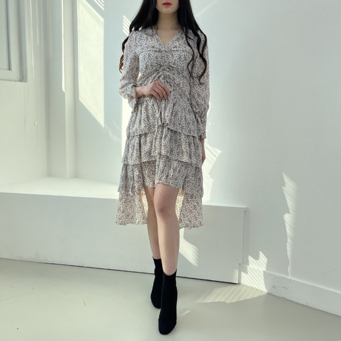 플라워 셔링 프릴 캉캉 언발 롱 원피스
