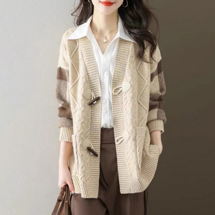 ORZQU 가을 겨울 여성 배색 브이넥 니트 아우터 루즈핏 하프 포켓 아우터 카디건