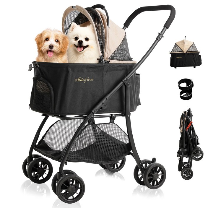 MILA&LOUIS 접이식 분리식 반려동물 유모차 강아지 유모차 고양이유모차 개모차 일체형 뉴바론 개모차 원터치 퀵폴딩 개모차, 베이지, 1개