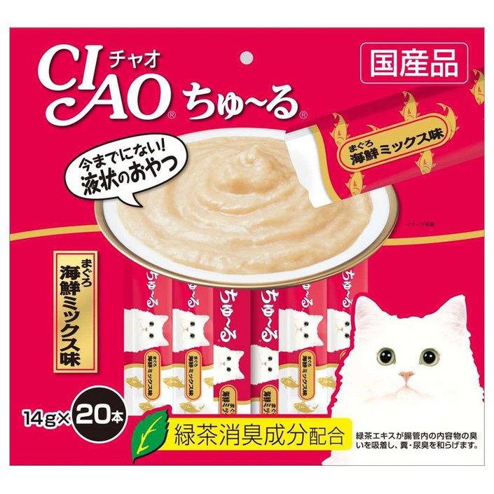 이나바 챠오츄르 고양이 간식 생선, 참치 + 해산물 혼합맛, 14g, 14ml, 20개입