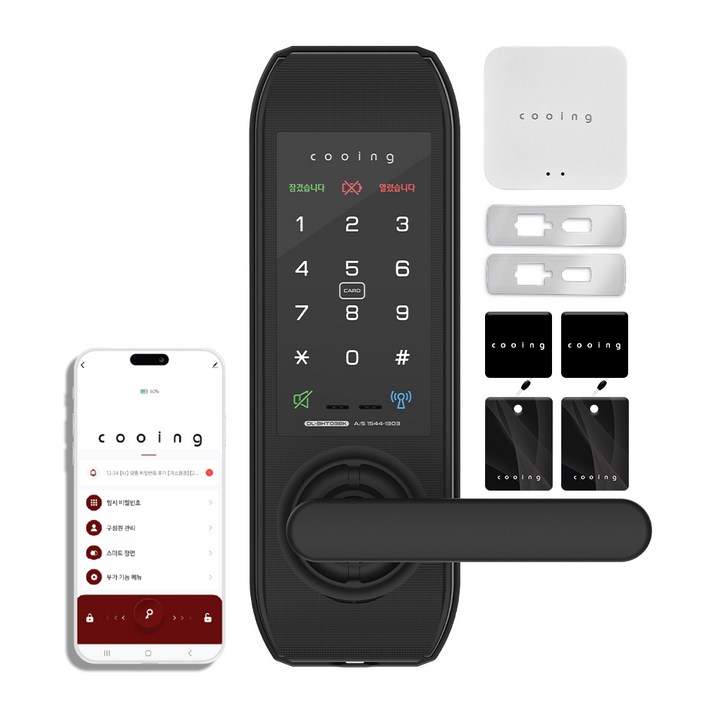 쿠잉 무타공 주키 손잡이있음 원격제어 IoT 현관문 스마트도어락 DL-BHT03BK + 보강판 + 게이트웨이 세트