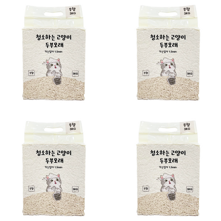 청소하는 고양이 두부모래 가는입자 1.5mm, 오리지널 무향, 4개, 3kg