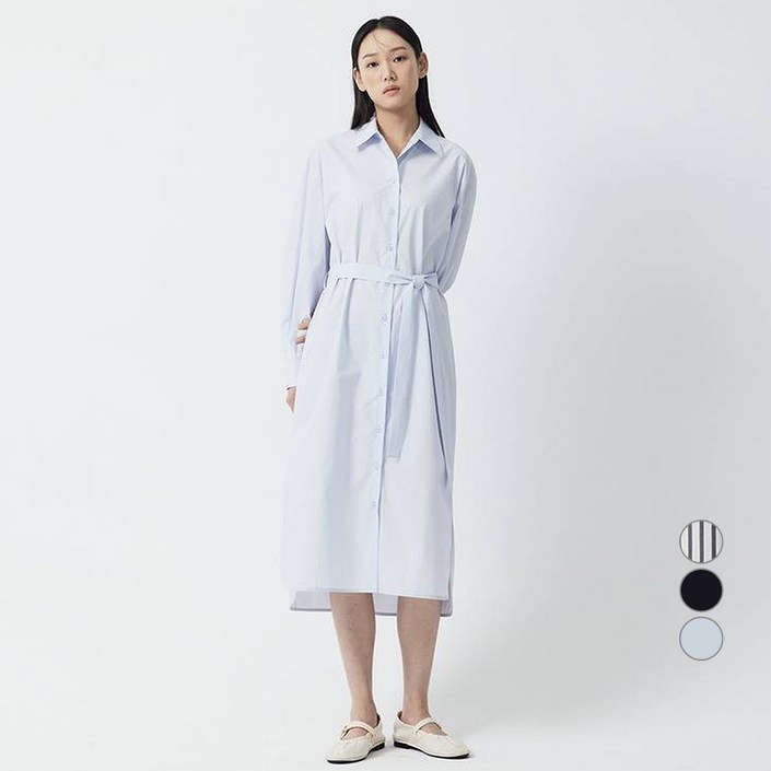 JAJU자주 여성용 포플린 긴팔 셔츠 면 롱 원피스
