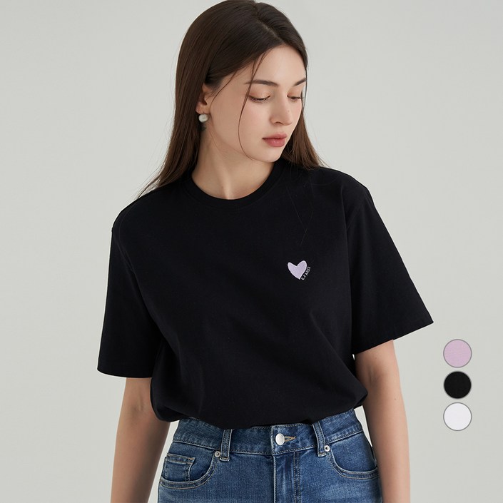ELLE PARIS 하트 자수 반팔 티셔츠 ELLE PARIS 하트 자수 반팔 티셔츠