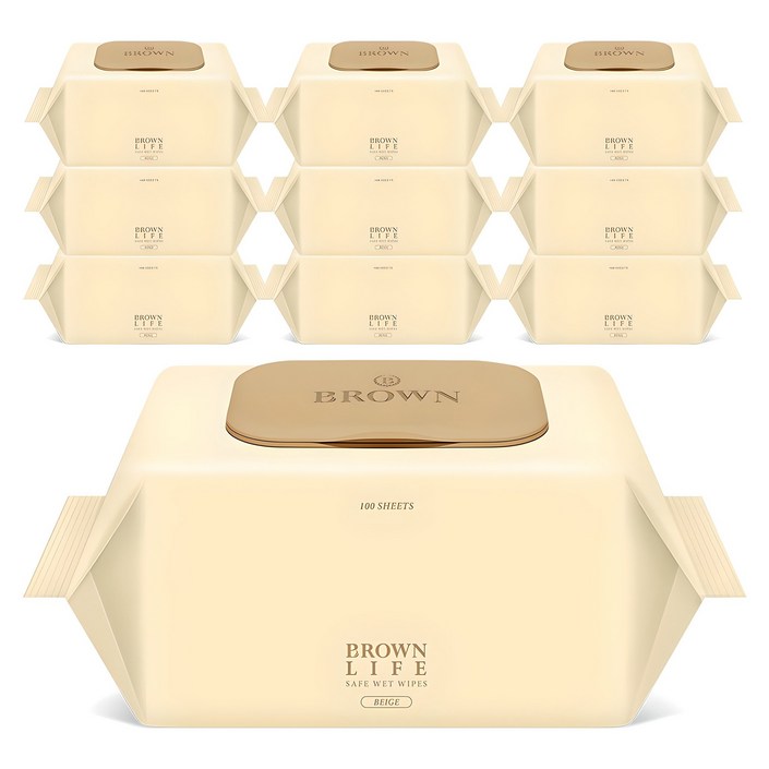 브라운라이프 베이지 엠보싱 대용량 물티슈 캡형, 50g, 100개입, 10개