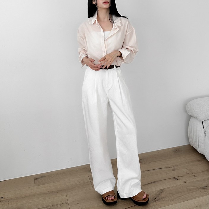 여성용 인밴딩 데일리 핀턱 일자 와이드 코튼 팬츠 W1005