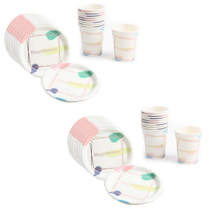파티해 감성 파티접시 18cm 20p 파티컵 20p 세트 생일수채화 파티해 감성 파티접시 18cm 20p 파티컵 20p 세트 생일수채화