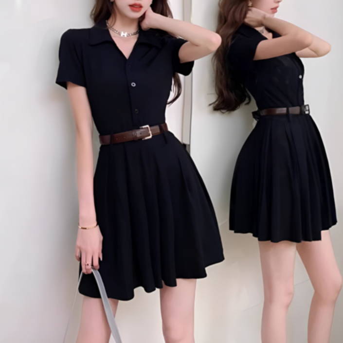 리얼제이드 여성 반팔 벨트 셔츠 미니 원피스