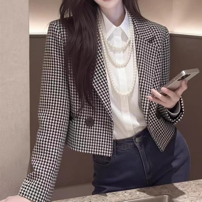 QEWBG  여성 하운드투스 체크 숏 자켓 캐주얼룩