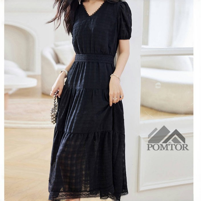 POMTOR 여성  여름 A라인 브이넥 퍼프소매 빅사이즈 레이스 원피스 휴양지룩