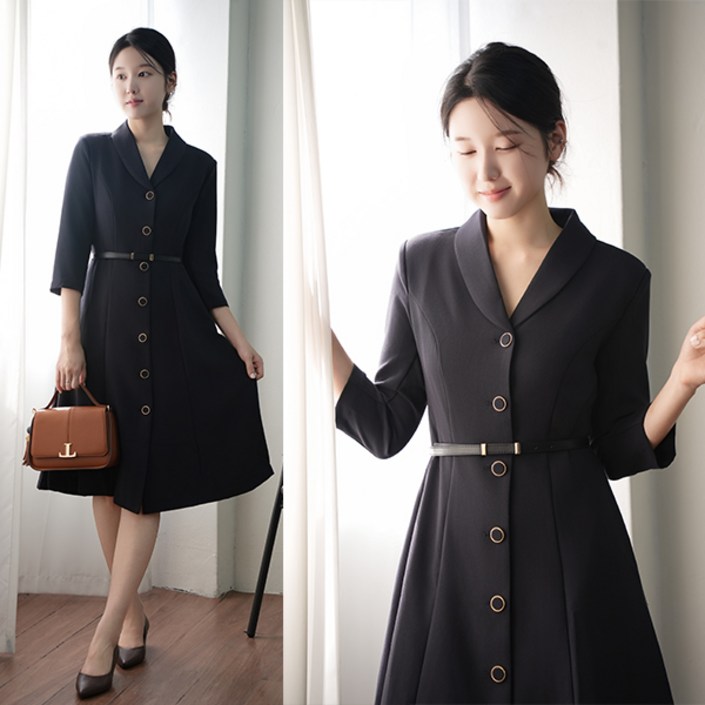 비비디아 여성 롱원피스 벨트 세트 버튼 원피스 단정한 하객룩 오피스룩 정장 원피스 5551