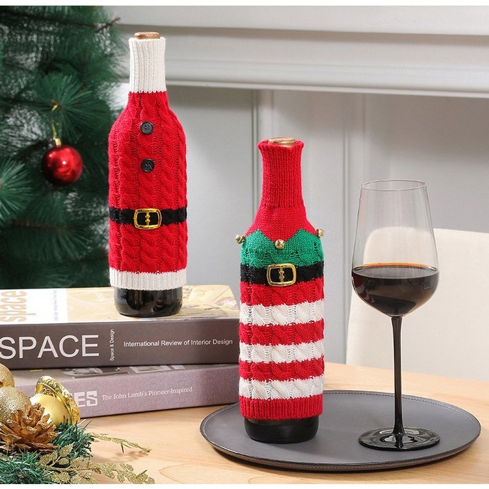 수수보따리 크리스마스 와인커버 2종세트 연말파티 장식 데코 레스토랑 인테리어 소품 산타옷 와인병커버, 1세트, 화이트스트라이프레드