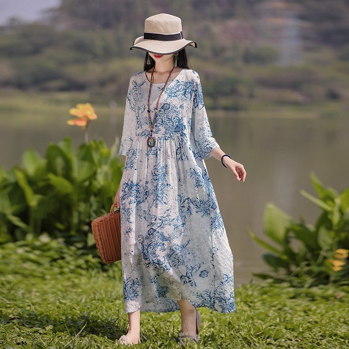 ZAJA 리넨 혼방 롱 원피스 꽃무늬