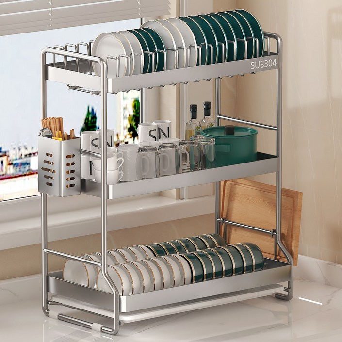 가정용 식기건조기 304 올스텐 대용량 그릇 접시 도마 수저 식기건조대 배수 정리대 설거지 건조대+껍질을 벗기는 칼, 304스텐, 1개, 3단