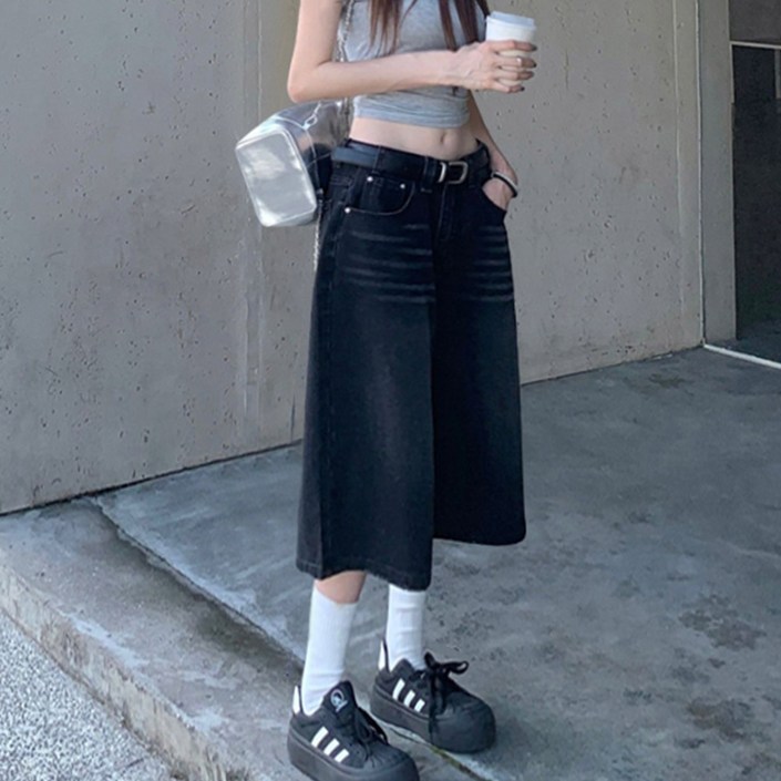 대박난박양 블랙 6부 버뮤다 데님팬츠