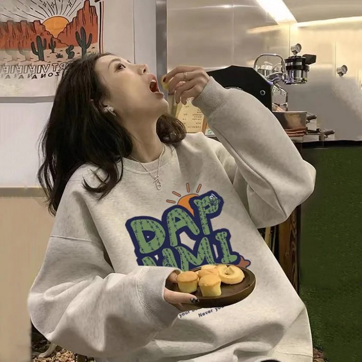 ANYOU 여성 레터링  긴팔 풀오버  방한 티셔츠 오버핏 기모 맨투맨