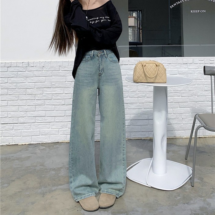 SAHINER 봄가을 여성 캐주얼 데일리핏 하이웨이스트 와이드 롱 데님팬츠 LWBNZ53