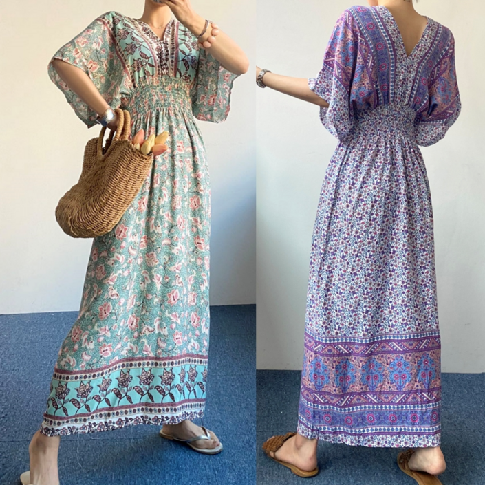 모니카앤아리  기획 오버핏 브이넥 유니크 패턴 롱 원피스