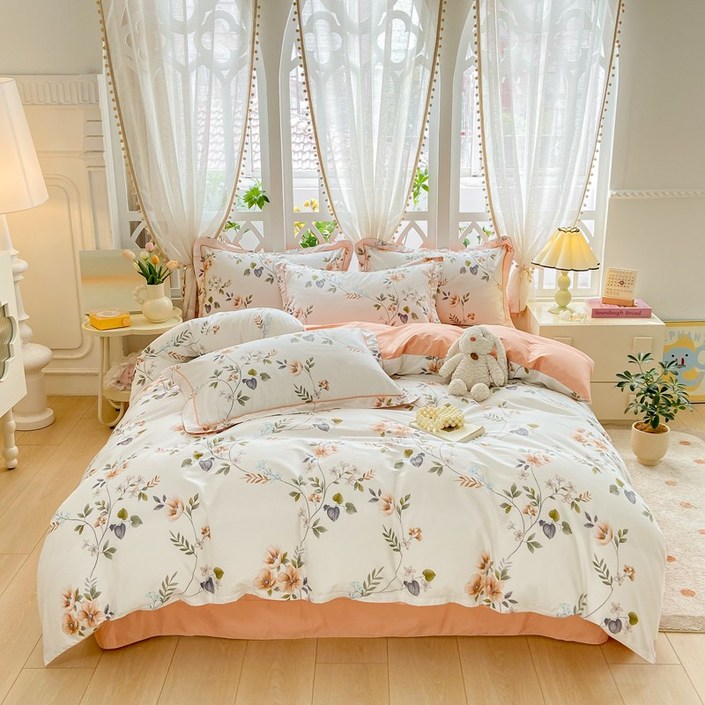 양질의 원단 고밀도 60수 순면 이불커버 이불커버 베개커버 꽃무늬 침구 SSSQ 4color, 오렌지