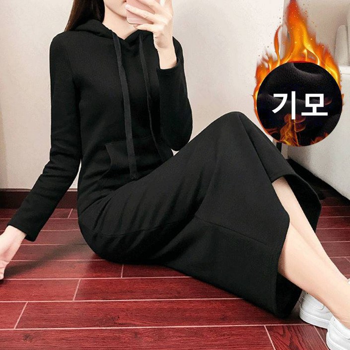 꽃소담 여성 가을겨울 슬림핏 기모 후드 롱 원피스 L892