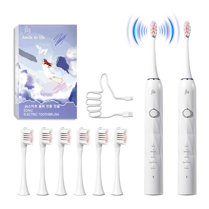 JLS 최신형 스마트 음파 전동칫솔 본체휴대케이스칫솔모 4개 200일 사용시간, T6, 화이트, 2세트