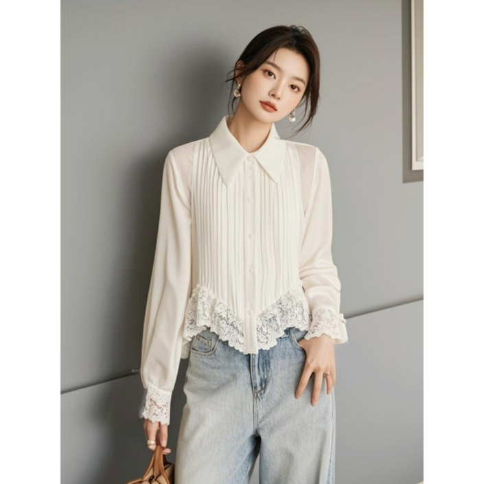 프렌치 여성 쉬폰 블라우스 레이스 패치 언밸런스 긴팔 쉬폰 셔츠 봄 가을 여자 긴소매 상의 LQZ