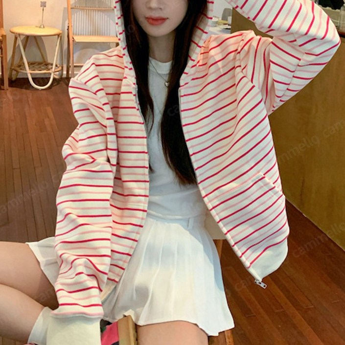 cammello 딸기우유 스트라이프 오버핏 긴팔 후드집업 가디건 봄가을 아우터