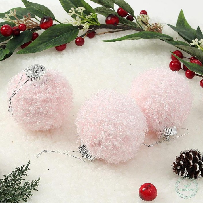 GOS 핑크블라썸 패브릭 장식볼 3P세트 8CM 뽀글폼폼이 크리스마스꾸미기