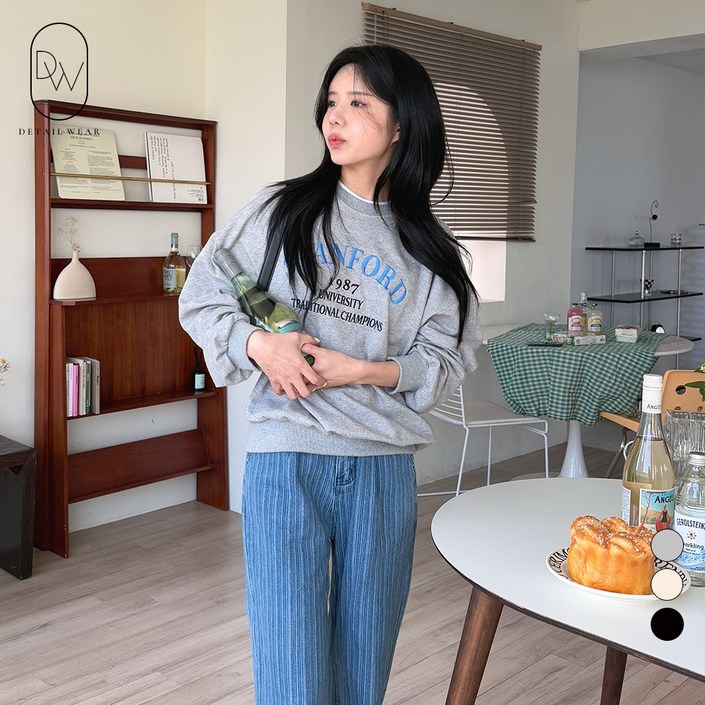 디테일웨어 여성 간절기 스텐포드 맨투맨 자수 레터링 오버핏 긴소매 티셔츠 특양면 여자맨투맨 데일리룩