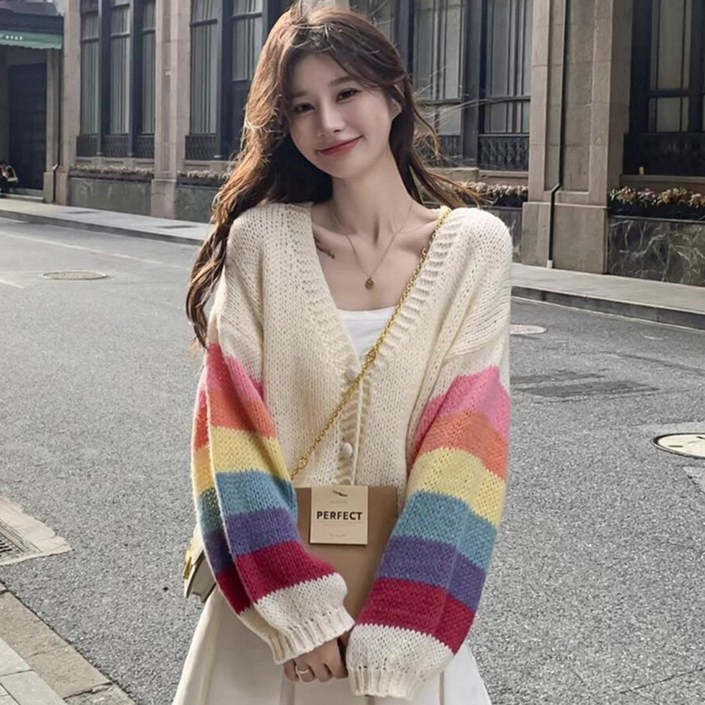 레인보우 소매 포인트 니트 가디건