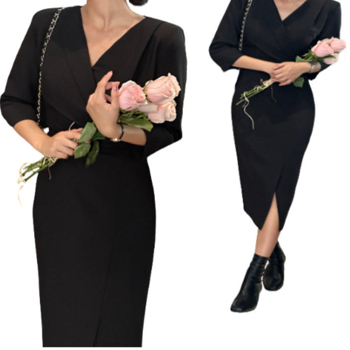 [ 44~99 ]빅사이즈 고급 소재 여성 가을 긴팔 랩 원피스 하객룩 bl-927