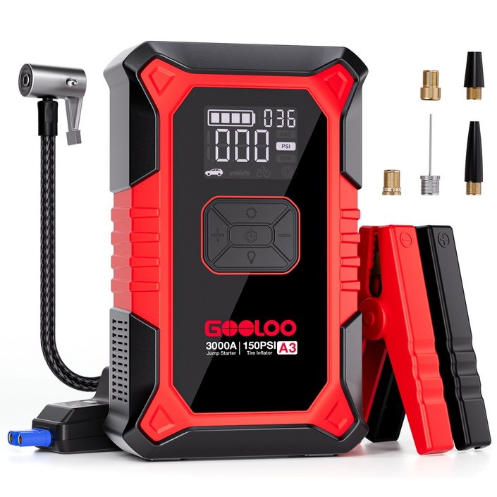 GOOLOO A3 3000A 점프스타터 올인원 에어점프  보조배터리 긴급시동 점프스타터+스마트 점프 케이블+ 파우치백 12000mAH
