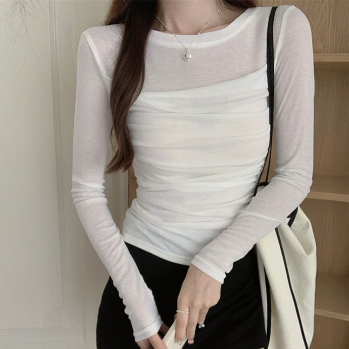 cammello 꾸안꾸 시스루 레이어드 슬림핏 셔링 티셔츠 여성 긴팔티