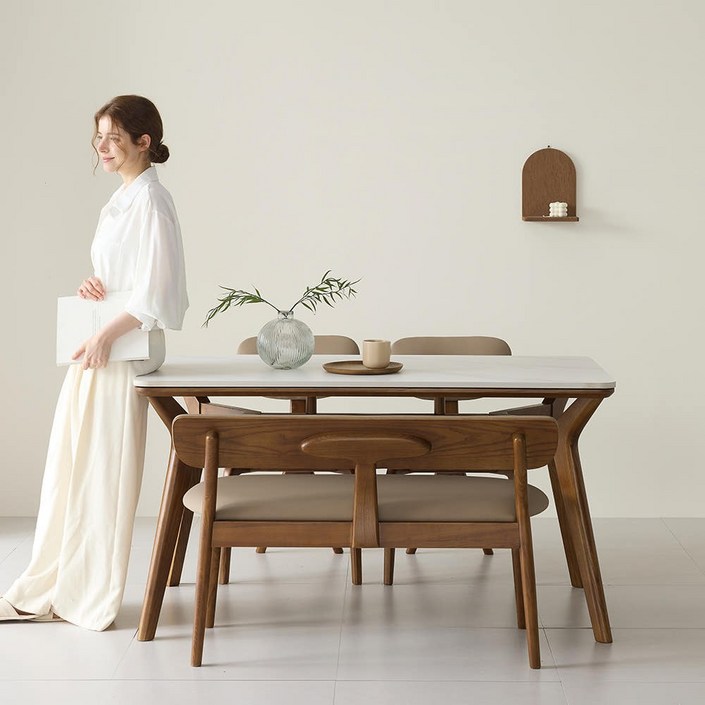 까르엠가구 헤이븐 포세린 양면 세라믹 50R 애쉬 원목 4인용 식탁세트 1400 2인벤치1의자2