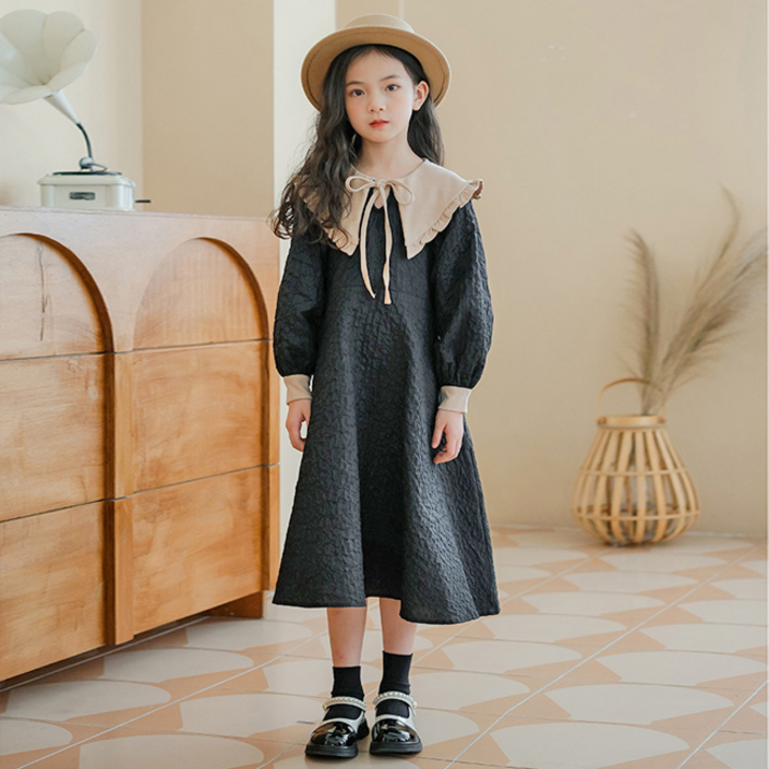 해피델리 헤르미 감성 카라원피스 주니어 여아 초등학생 외출복 롱 치마 빅카라 봄 가을 깔끔한 블랙 플레어 원피스