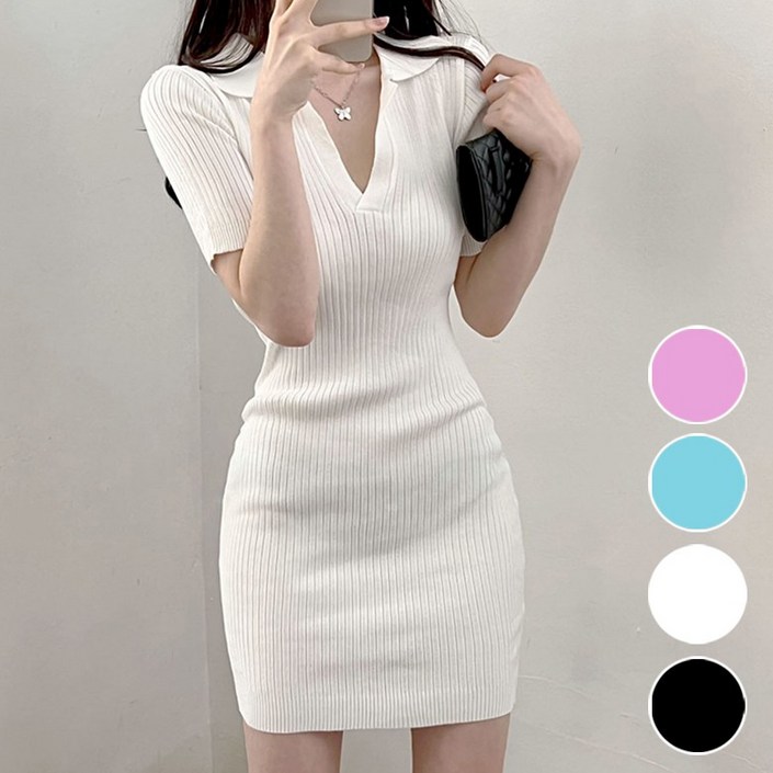 VERIT 글램 브이넥 골지 신축성 올킬 반팔원피스 VT628