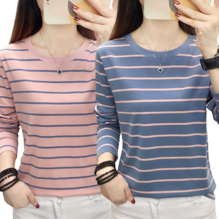11 스타일아유 고품질원단 면95 빅사이즈 루즈핏 스트라이프 라운드넥 긴팔 티셔츠 여성용 이너 상의 TS3315
