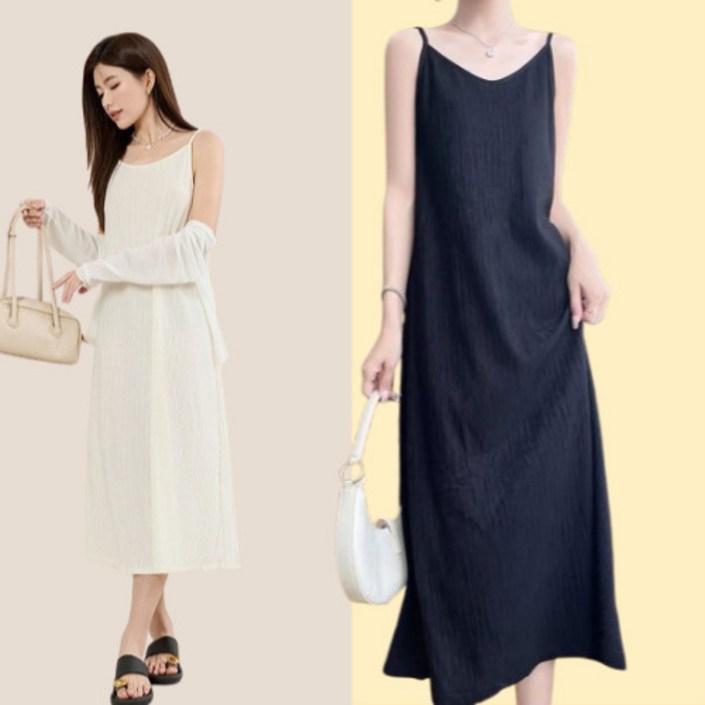 여성 끈나시 주름 플리츠 슬림핏 이너 뷔스티에 비치지않는 원피스 44-66