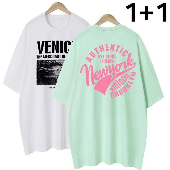엠제이스타 여성 베니 스+뉴욕 여름 반팔 루즈핏 롱 레터링 티셔츠 2장 20230930