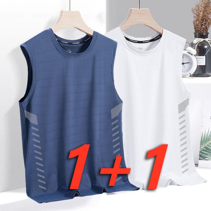 11아이스 속건 루즈핏 얇은 남성 나시 여름 시원한 라운드 스포츠민소매 캐주얼 나시티셔츠