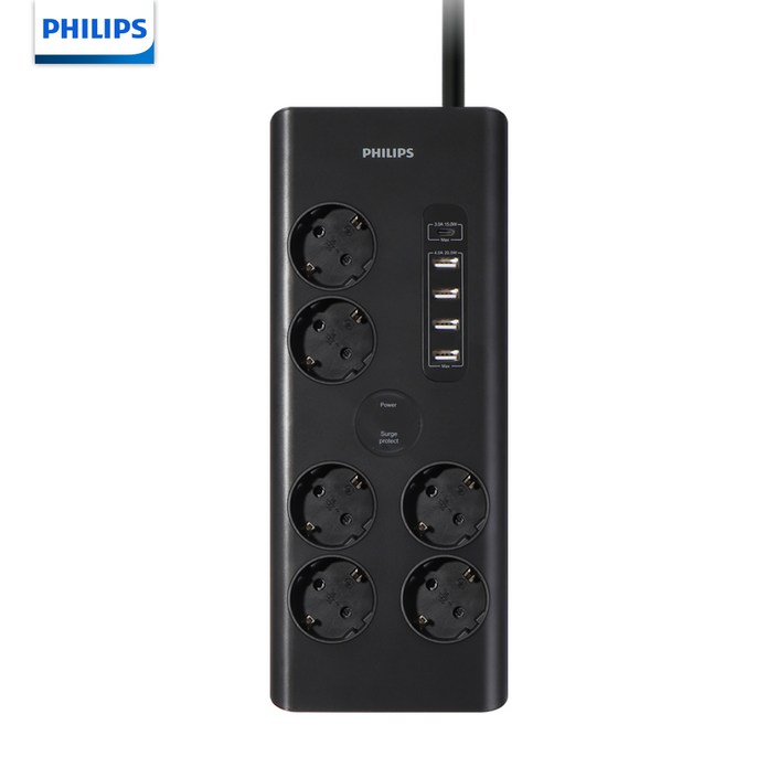 필립스 프리미엄 USB A to C 멀티탭 6구 8구 블랙 서지보호 낙뢰 과부하차단, 1개, 블랙