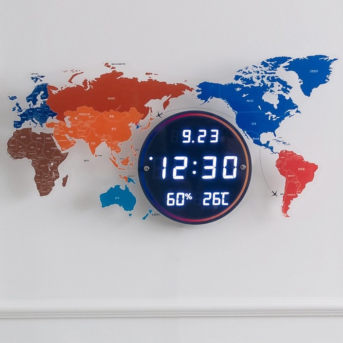 플라이토 세계지도 인테리어 LED 벽시계 70cm, 블랙