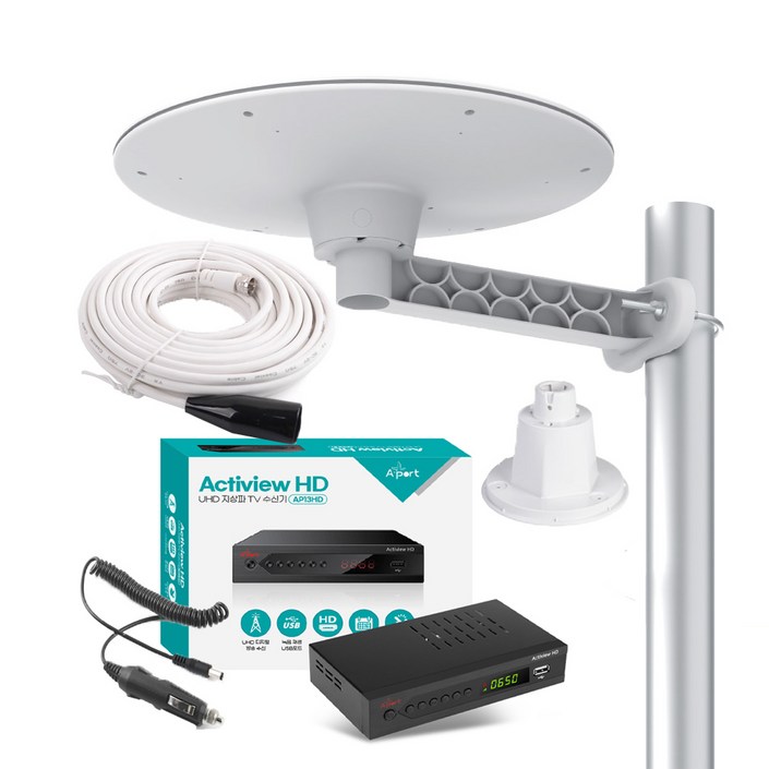 UHD 지상파 TV 안테나 셋톱박스 수신기세트 1.510M 케이블 포함 차량용 가정용 캠핑용 농막용, AP13HD01C원반형 화이트, 1개