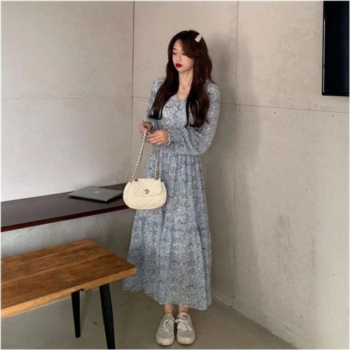 여성 쉬폰 플라워 롱원피스 브이넥 허리 라인 슬림 봄 가을 겨울 원피스 셔링 데이트룩 빅사이즈 원피스2xl