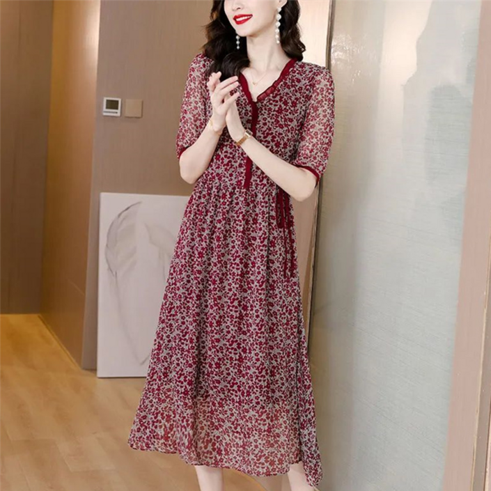 besteffie 중년여성 쉬폰원피스 롱 꽃무늬 쉬폰 롱드레스 V넥 허리밴드 봄가을 패션 E28